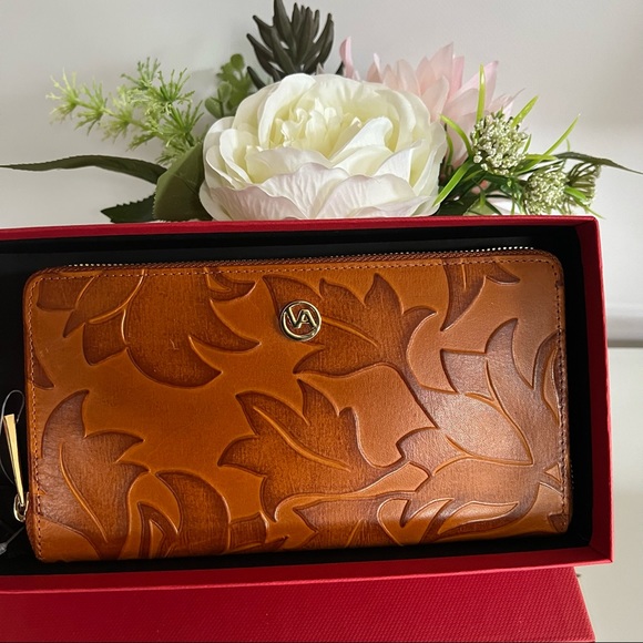 Valentina Handbags - VALENTINA Genuine Leather Zip Around Embossed Tulip Leaf Cognac Clutch Wallet